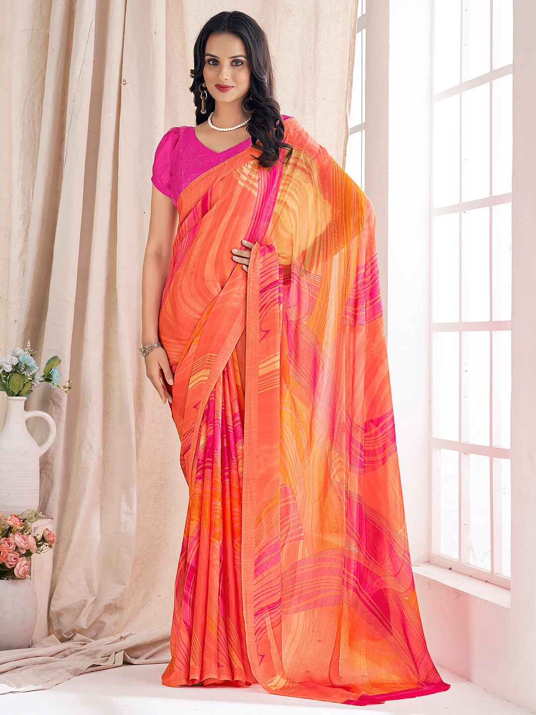 

Mitera Orange & Pink Pure Chiffon Saree