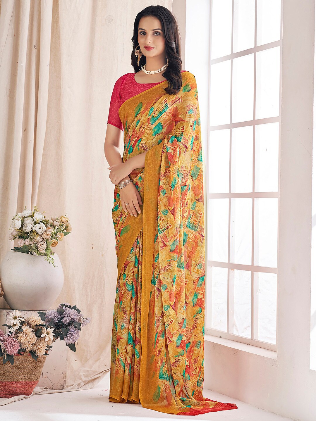 

Mitera Beige Red Poly Chiffon Bagru Saree