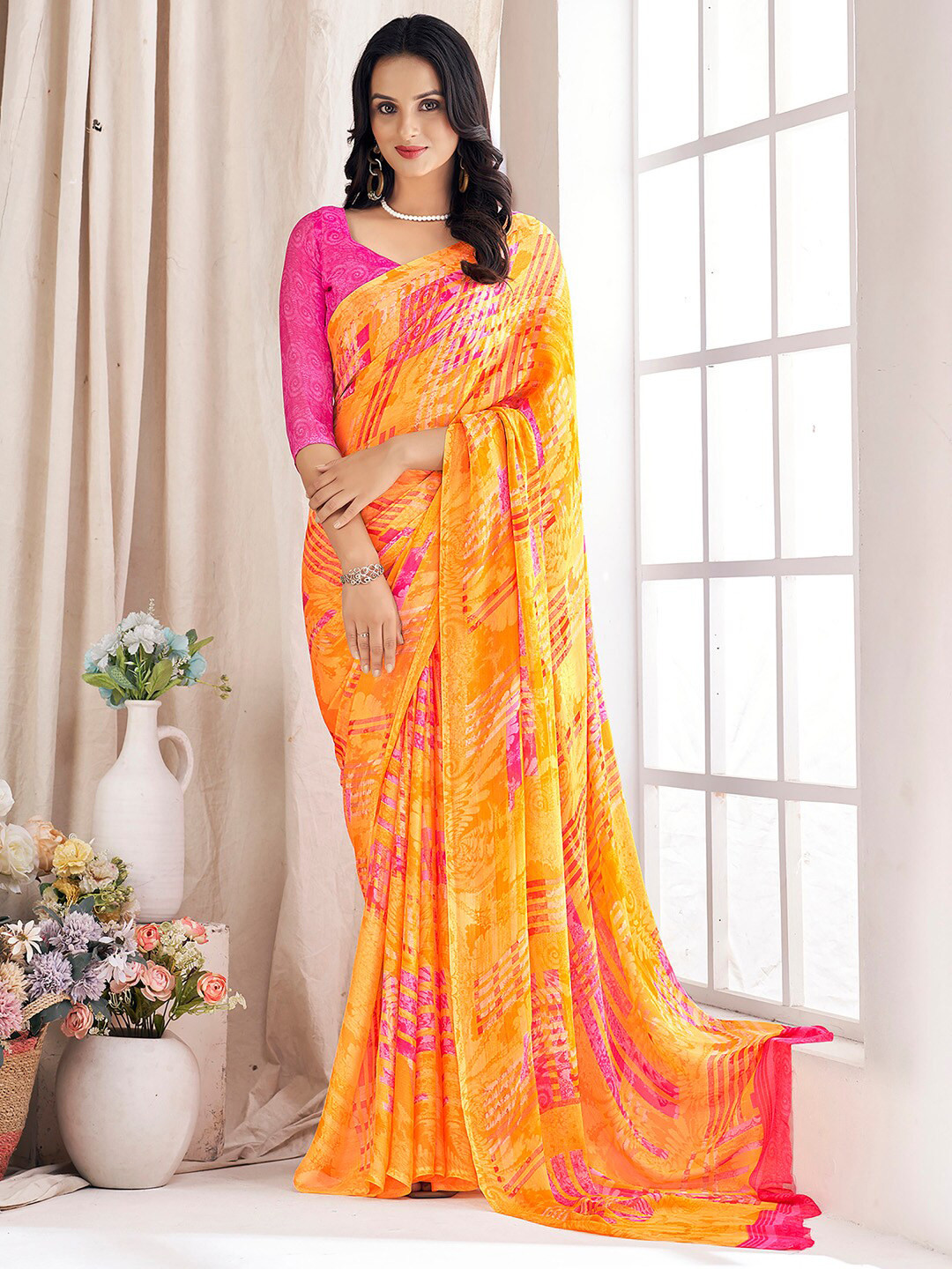

Mitera Yellow & Pink Pure Chiffon Saree