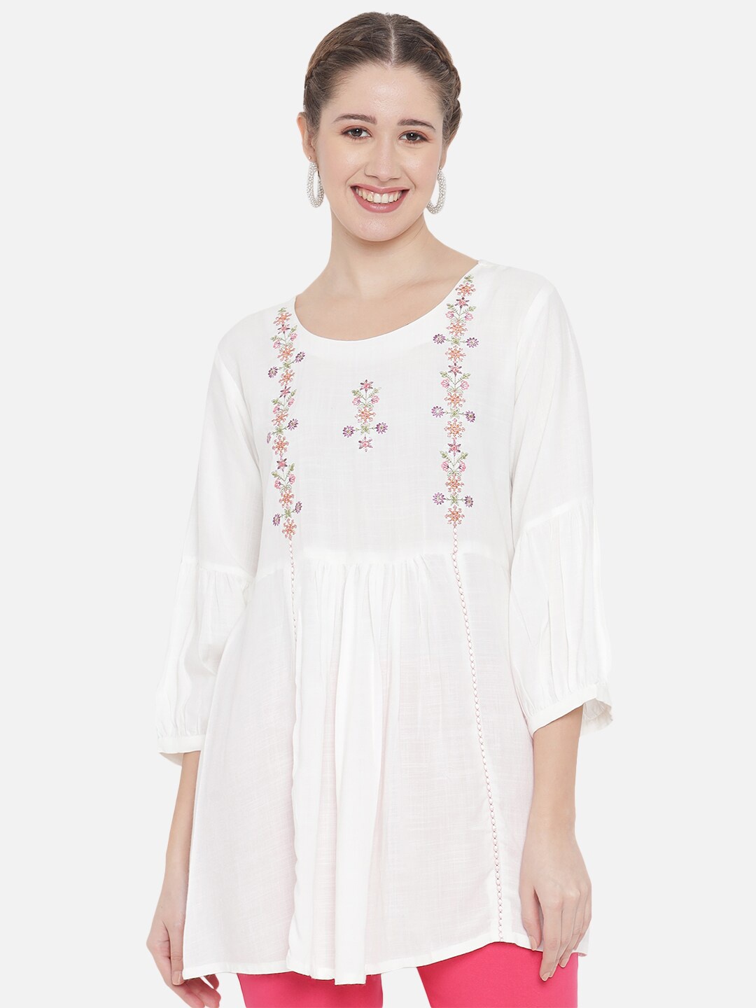 

Chemistry Embellished Bell Sleeve Cotton Longline A Line Top, Off white