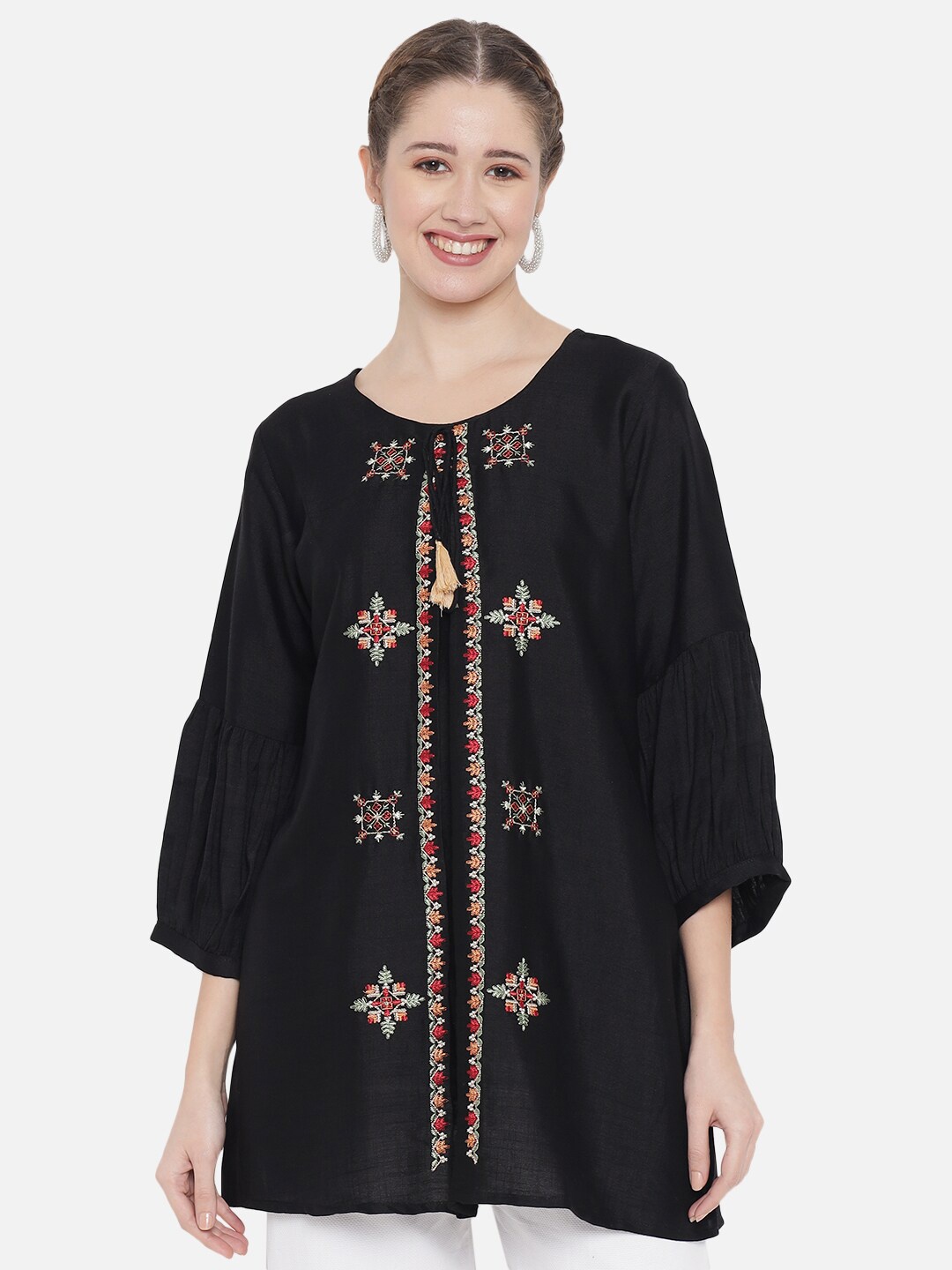 

Chemistry Ethnic Motifs Embroidered Embellished Tie-Up Neck Cotton Tunic Top, Black