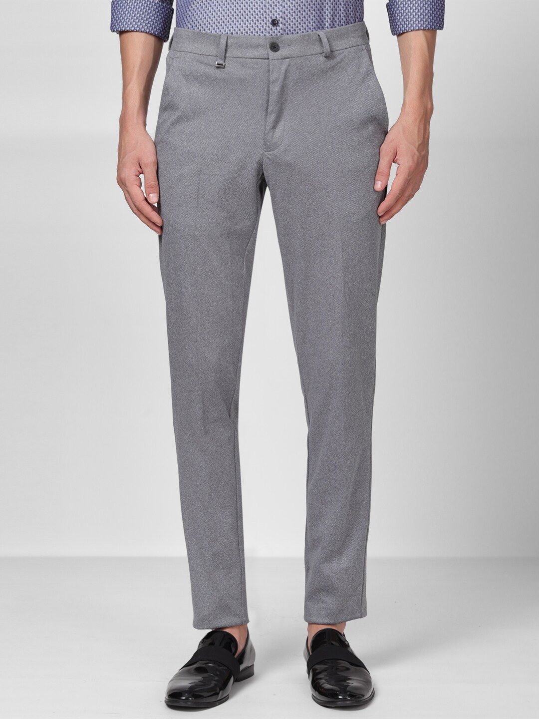 

V Dot Men Textured Slim Fit Mid-Rise Formal Trousers, Grey