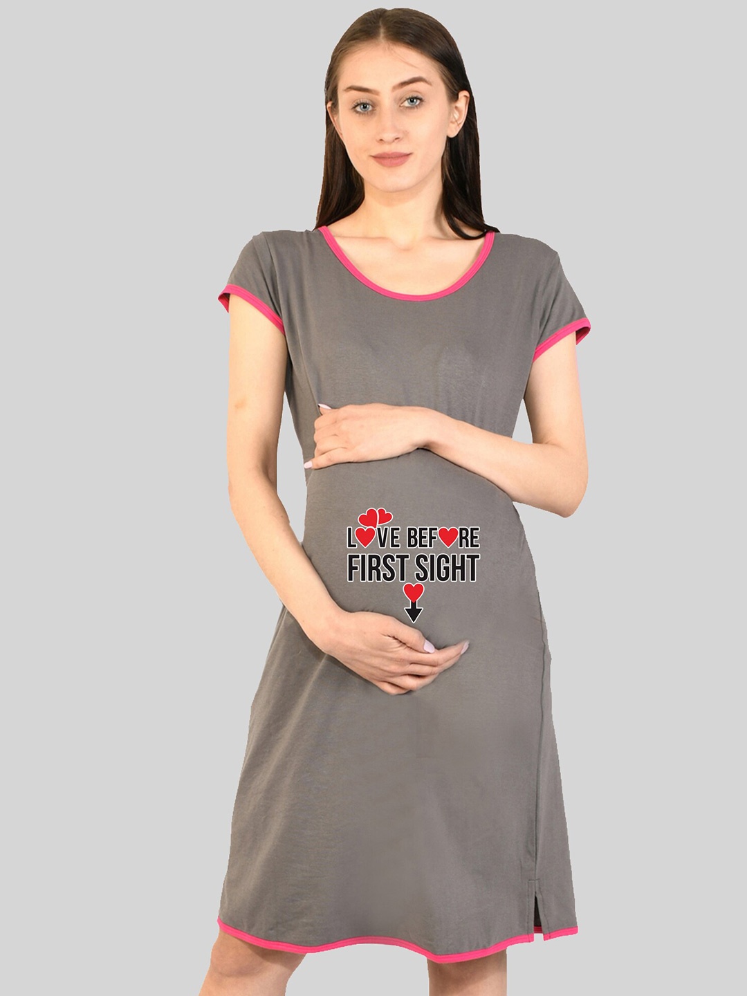 

SillyBoom Graphic Printed Maternity Feeding T-Shirt Nightdress, Grey