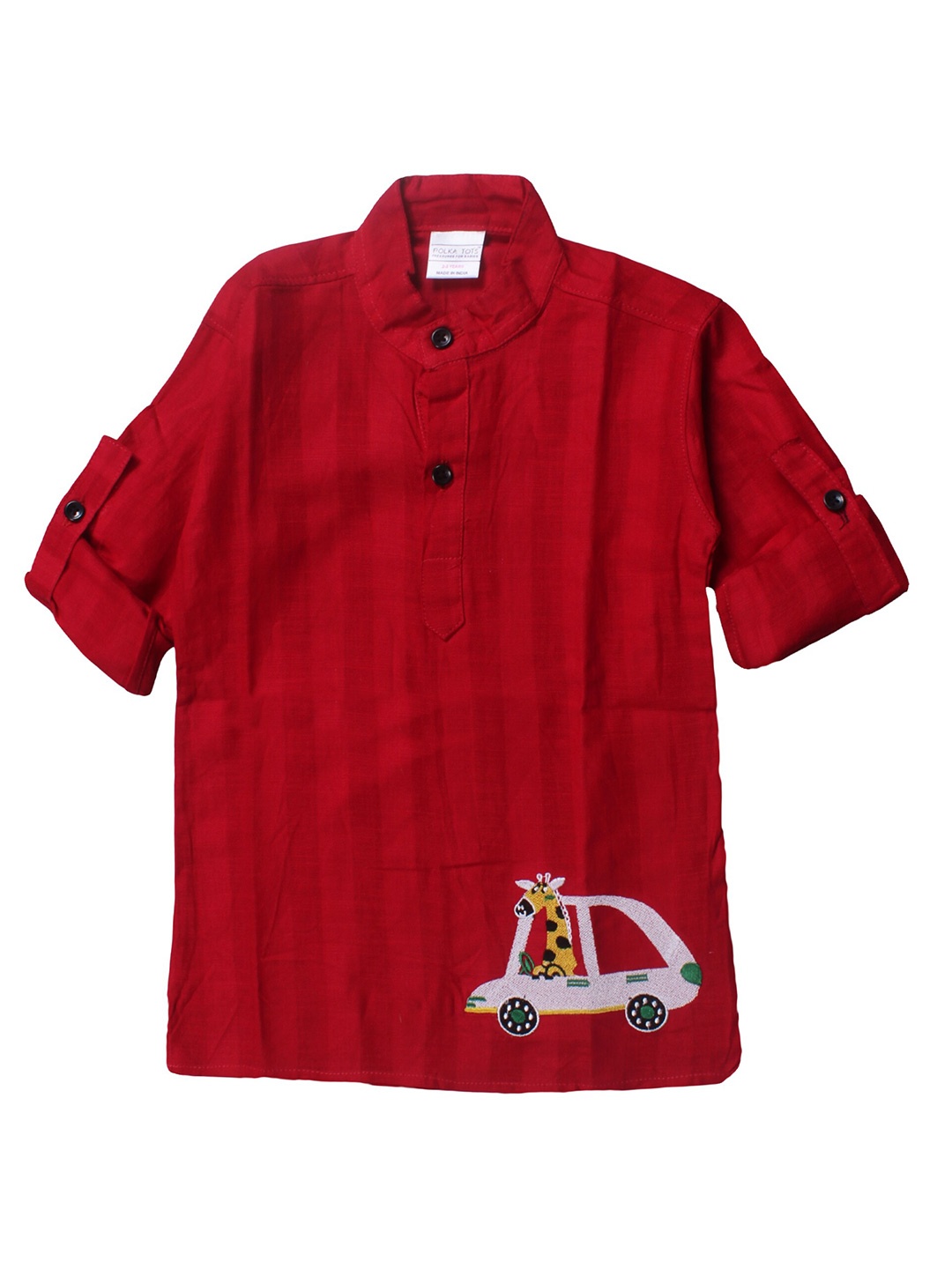 

Polka Tots Boys Mandarin Collar Long Sleeves Cotton Opaque Casual Shirt, Red