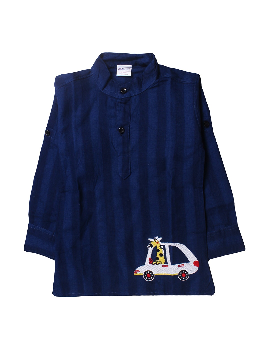 

Polka Tots Boys Mandarin Collar Long Sleeves Cotton Opaque Casual Shirt, Navy blue