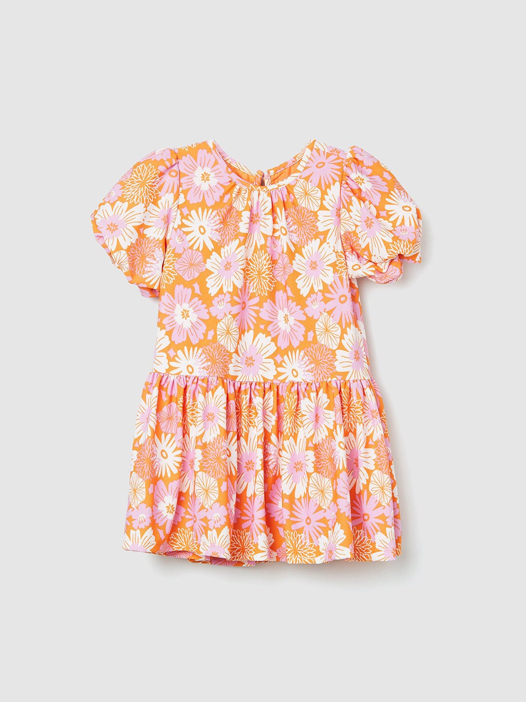 

max Girls Round neck Floral Print Puff Sleeve Drop-Waist Dress, Orange