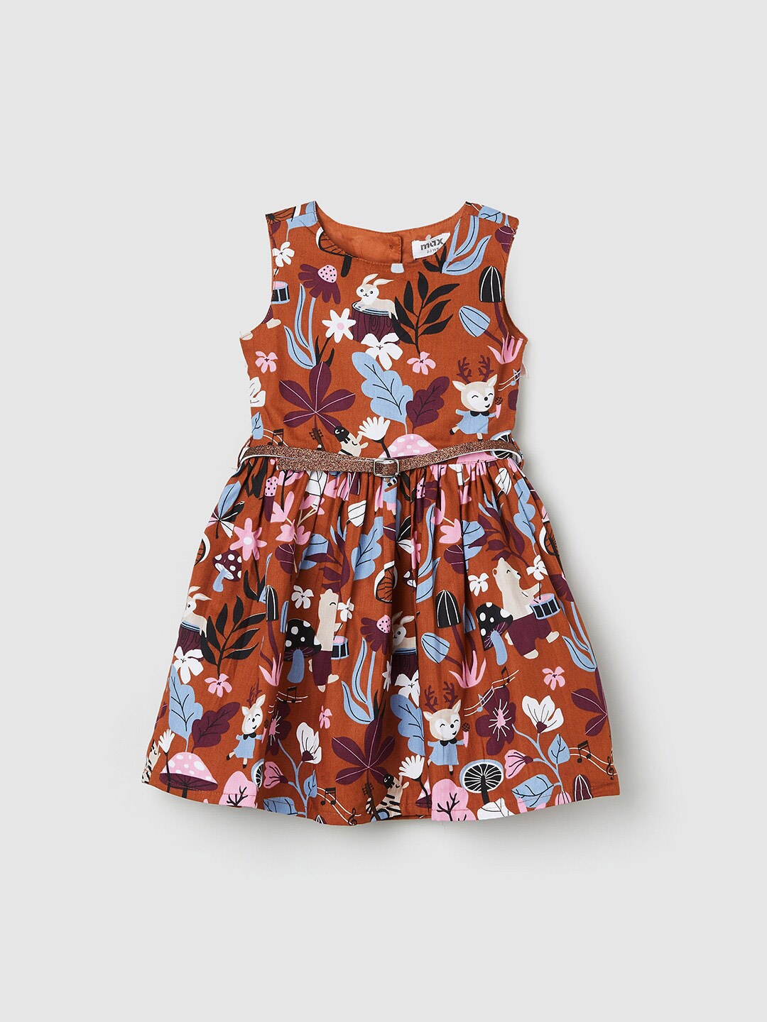 

max Girls Floral Printed Sleeveless Fit & Flare Dress, Brown