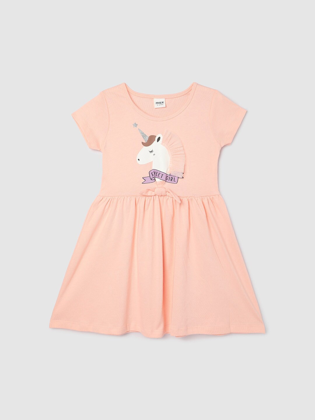 

max Girls Printed Pure Cotton Fit & Flare Dress, Peach