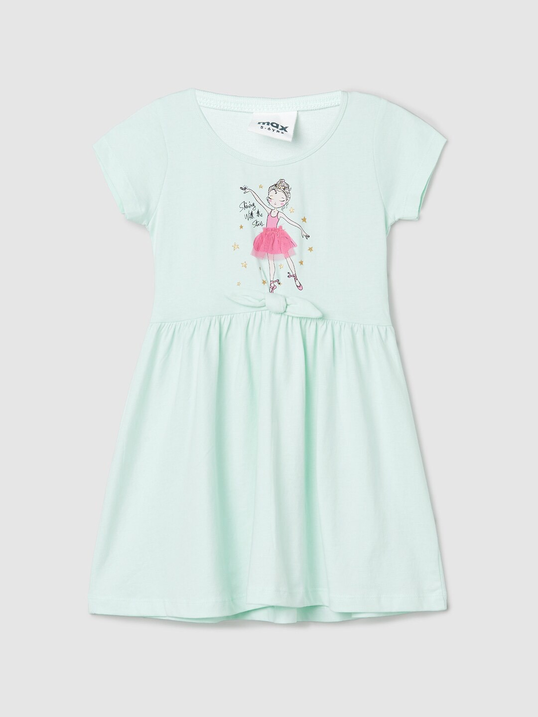 

max Girls Printed Round Neck Cotton A-Line Dress, Blue
