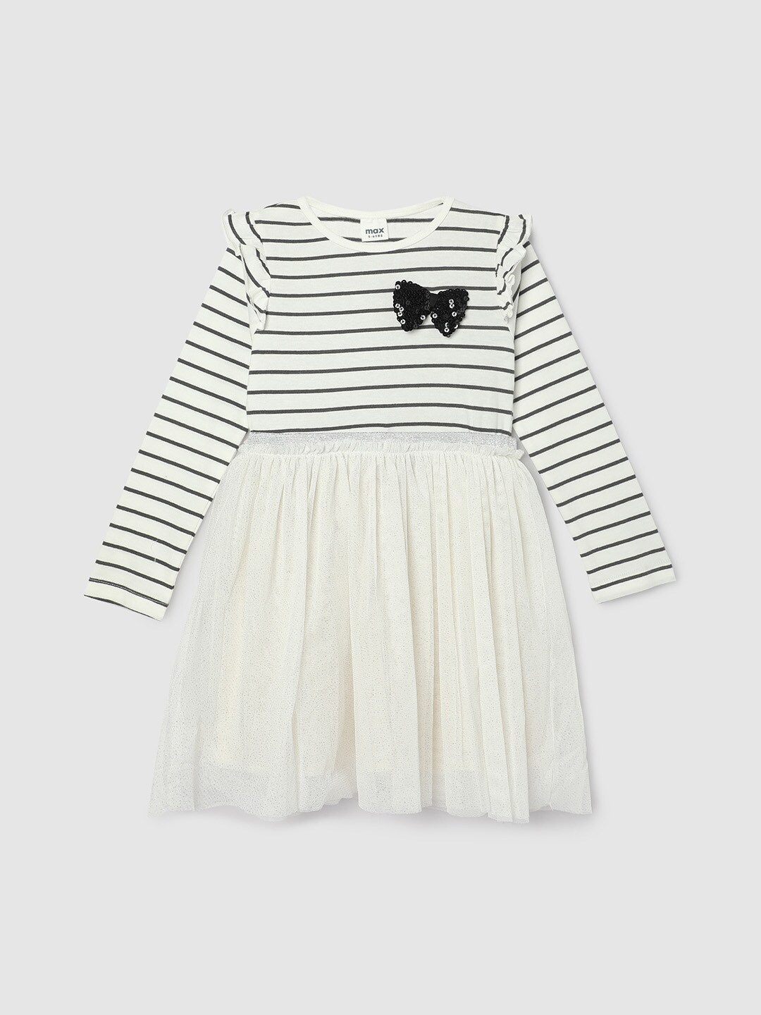 

max Girls Striped Round Neck Fit & Flare Cotton Dress, White
