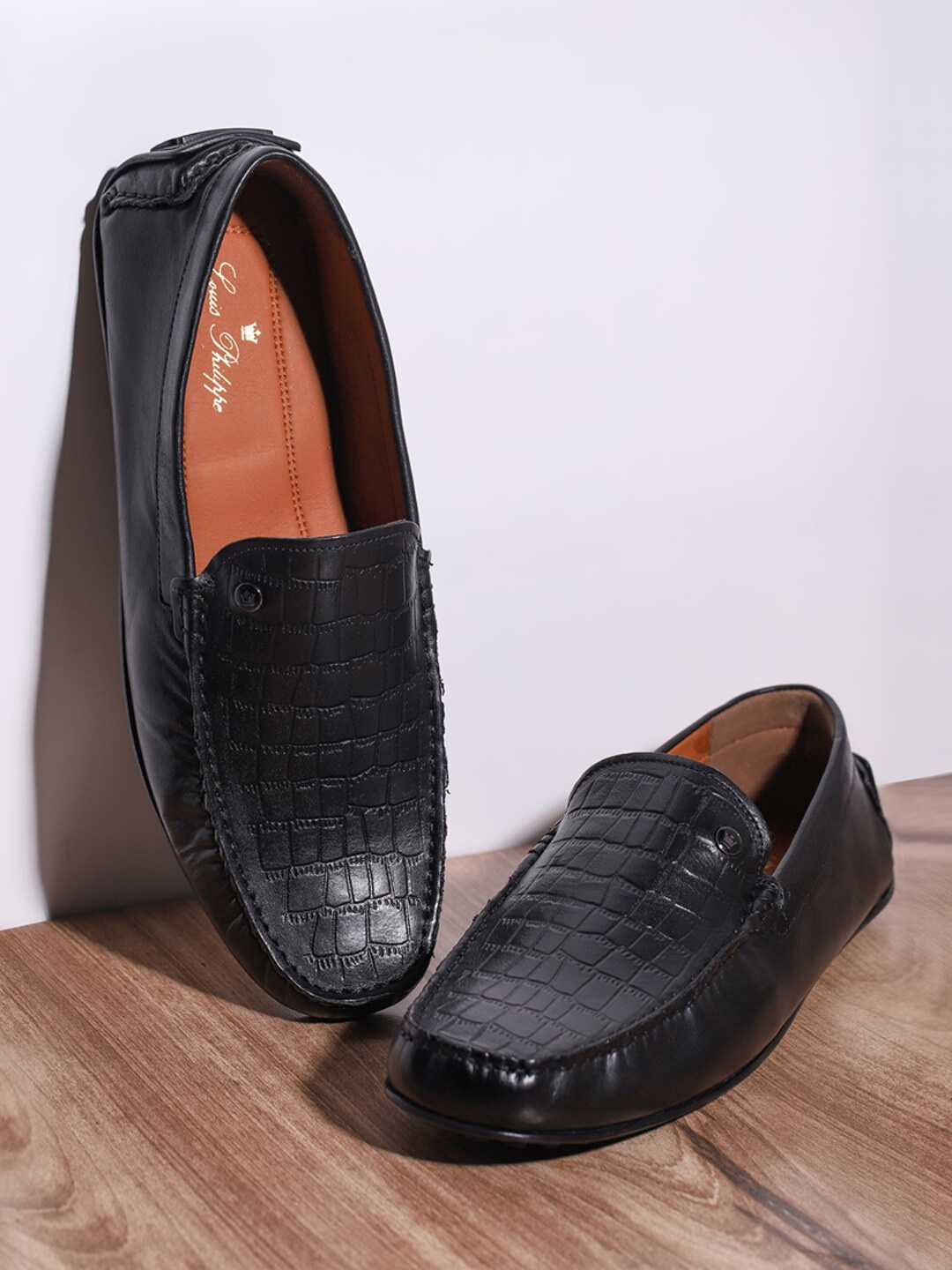 

Louis Philippe Men Textured Round Toe Leather Loafers, Black