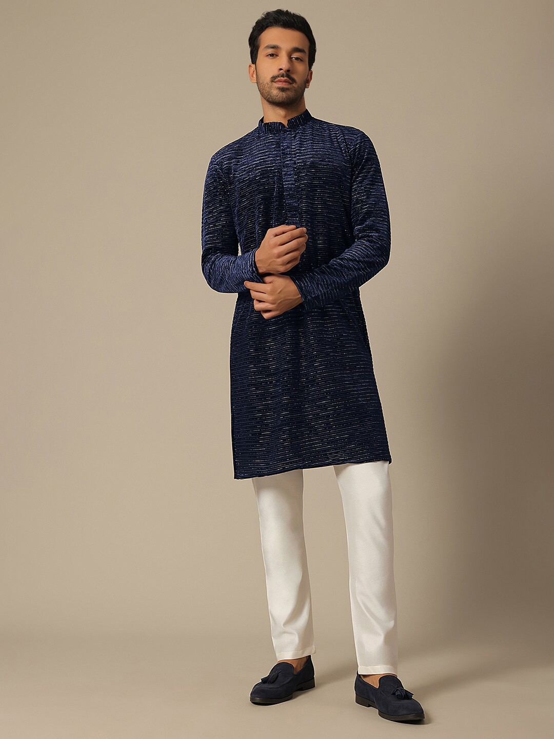 

KALKI Fashion Sequin Embroidered Regular Pure Silk Kurta With Trouser, Blue