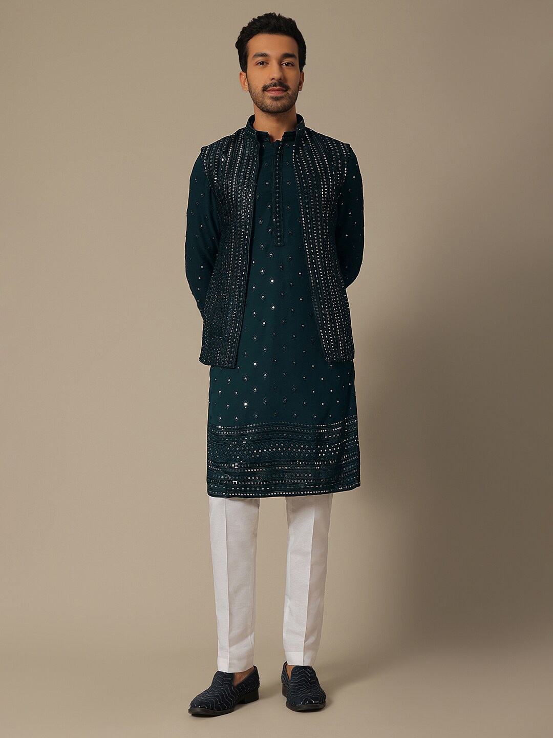 

KALKI Fashion Embroidered Regular Sequinned Kurta With Trousers & Jacket, Blue