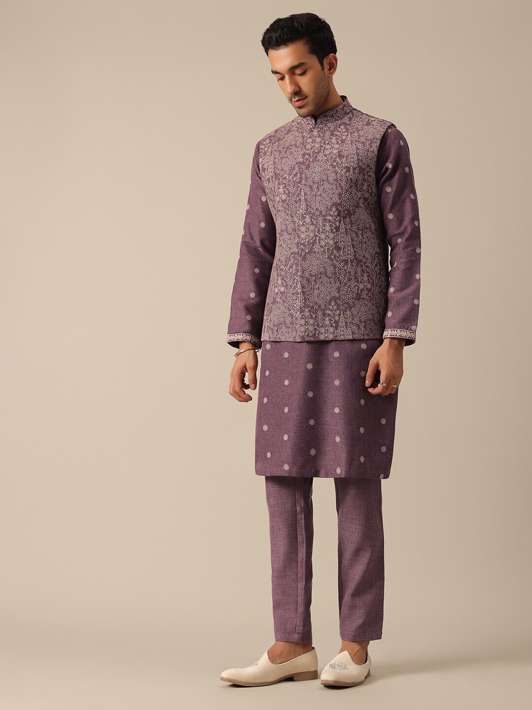 

KALKI Fashion Ethnic Motifs Embroidered Thread Work Linen Kurta With Trouser & Jacket, Purple