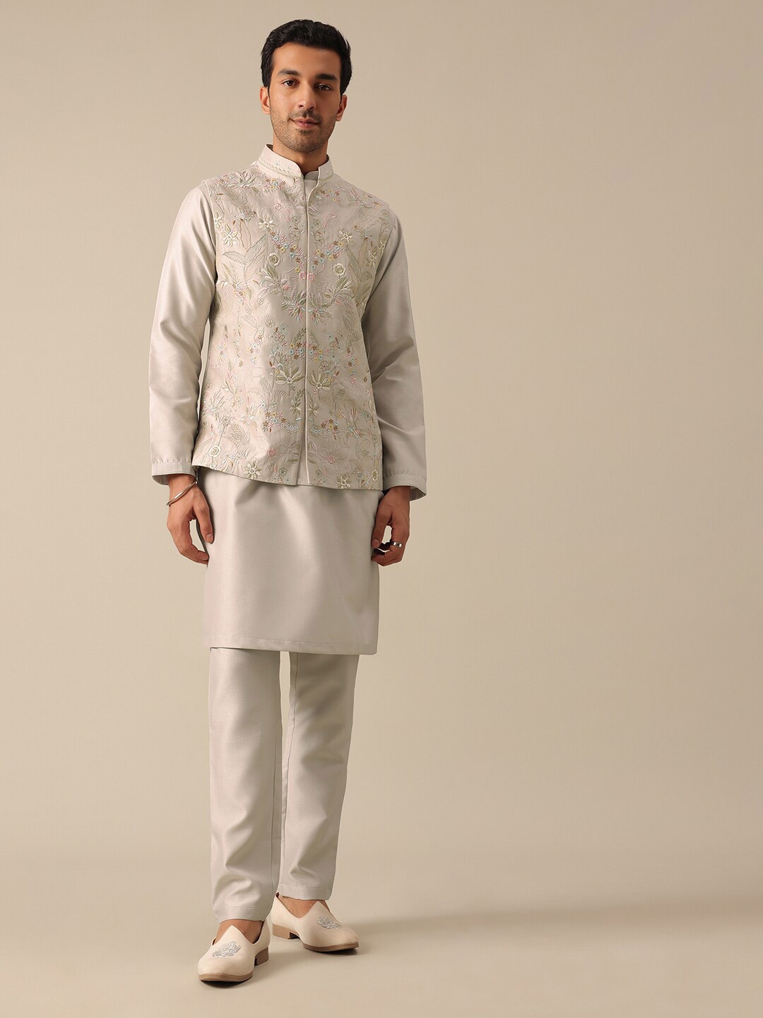 

KALKI Fashion Floral Embroidered Straight Kurta with Trousers & Jacket, Grey