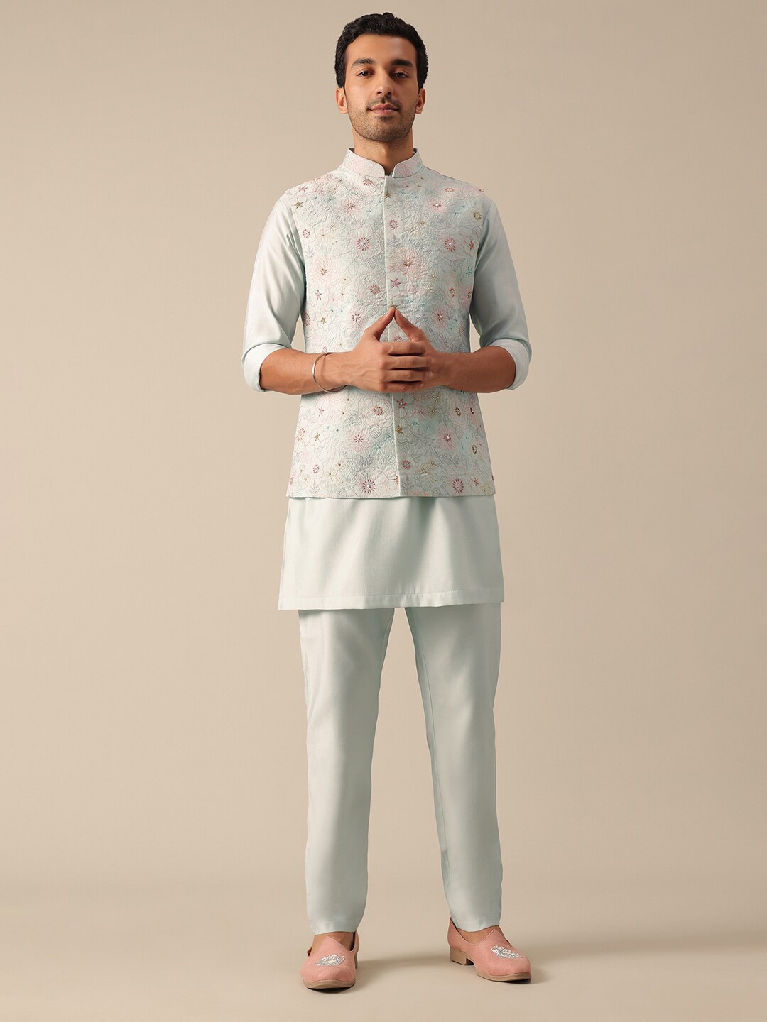 

KALKI Fashion Embroidered Regular Pure Silk Kurta with Trousers & Nehru Jacket, Blue