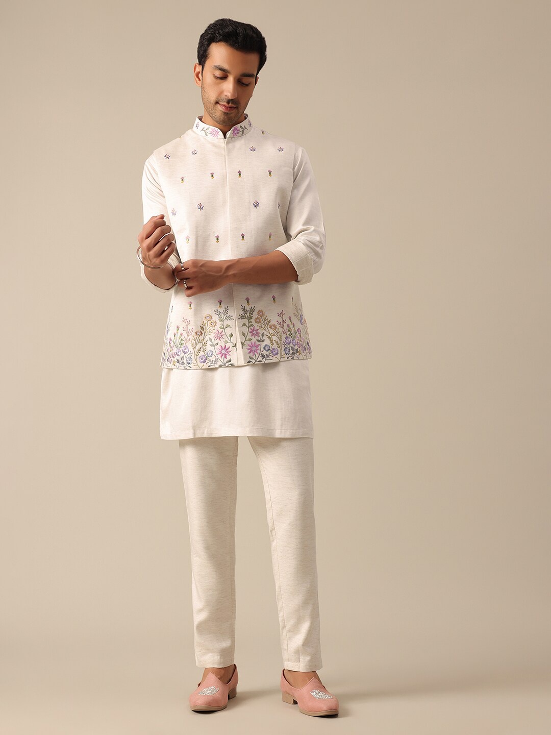 KALKI Fashion Floral Embroidered Straight Kurta with Trousers & Nehru jacket, White