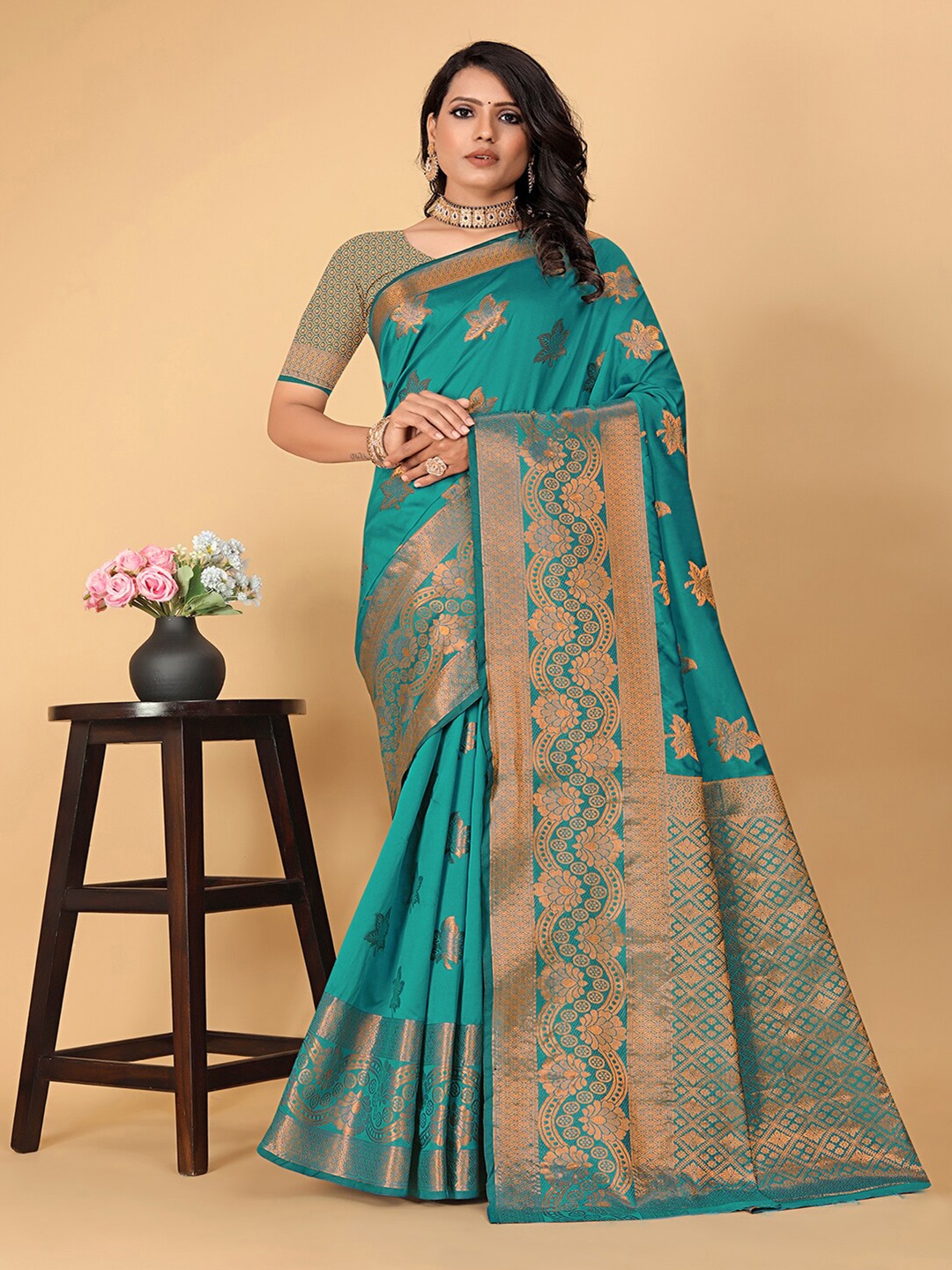 

Pionex Floral Woven Design Zari Pure Silk Banarasi Saree, Teal