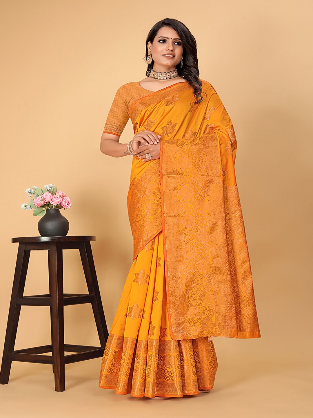 

Pionex Floral Woven Design Zari Pure Silk Banarasi Saree, Gold