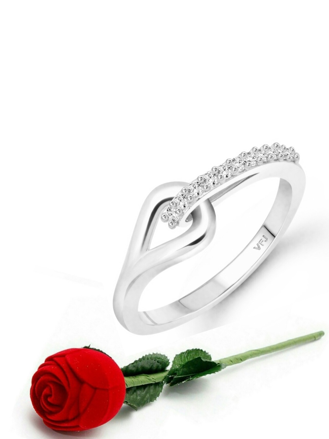 

Vighnaharta Rhodium-Plated CZ Studded Finger Ring With Rose Box, Silver