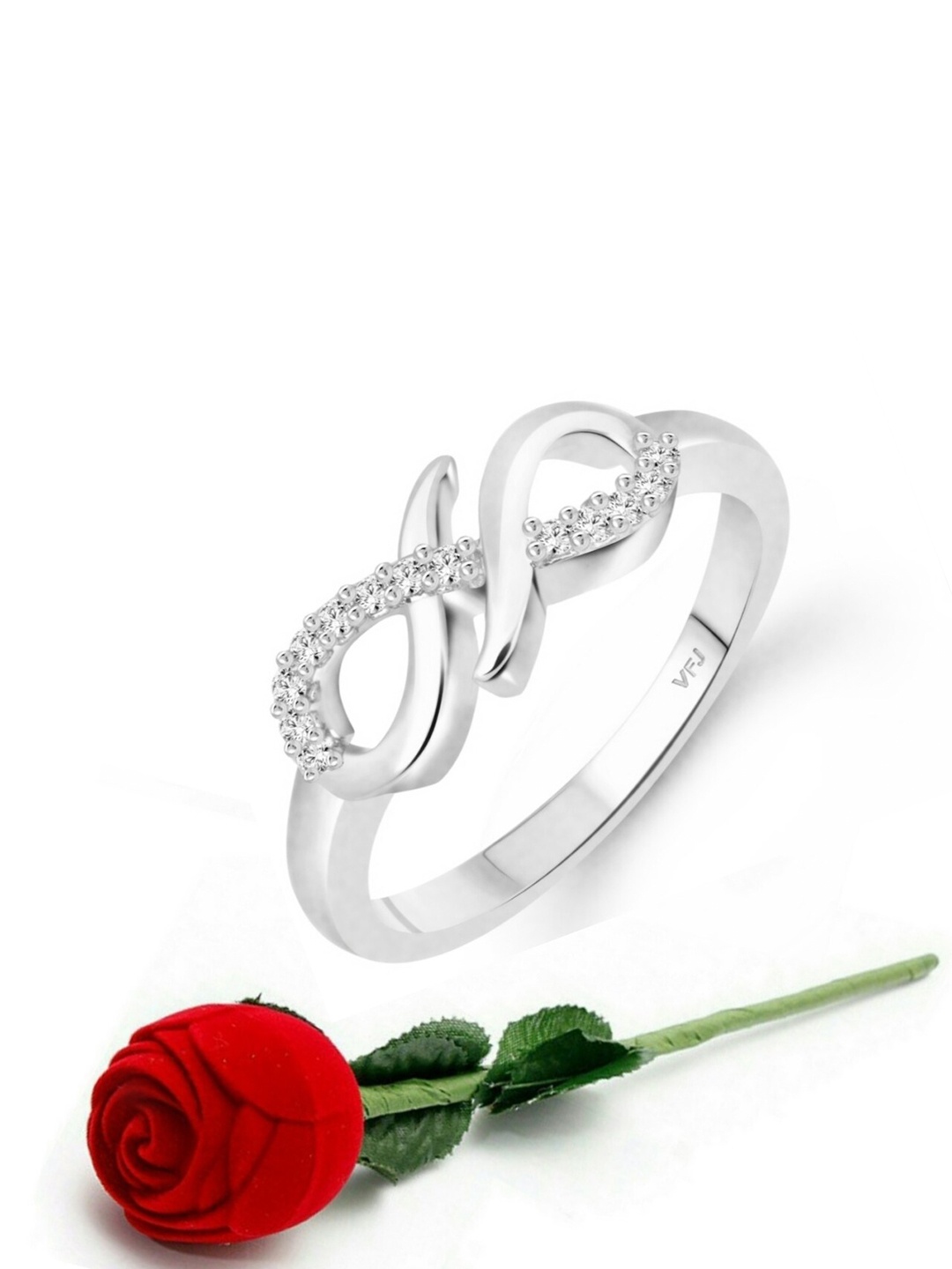 

Vighnaharta Rhodium-Plated Cubic Zirconia Studded Finger Ring With Rose Box, Silver