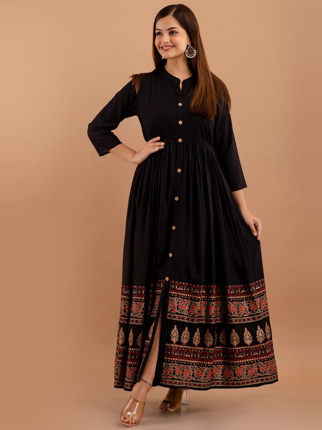 

DRESSAR Ethnic Motifs Printed Mandarin Collar Anarkali Kurta, Black