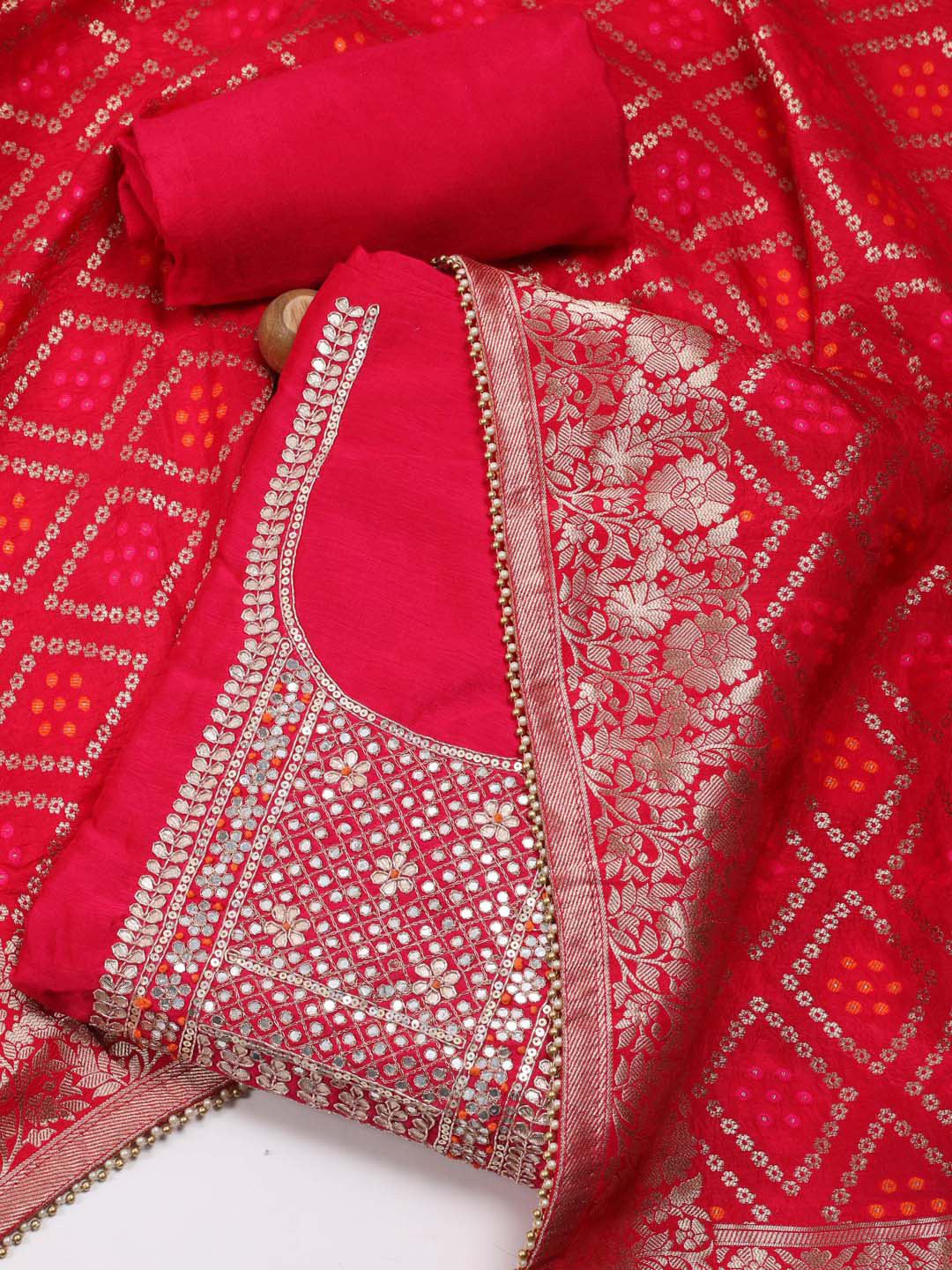 

Meena Bazaar Floral Embroidered Art Silk Unstitched Dress Material, Pink