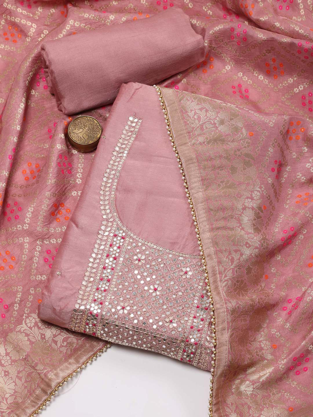 

Meena Bazaar Floral Embroidered Sequinned Unstitched Dress Material, Pink