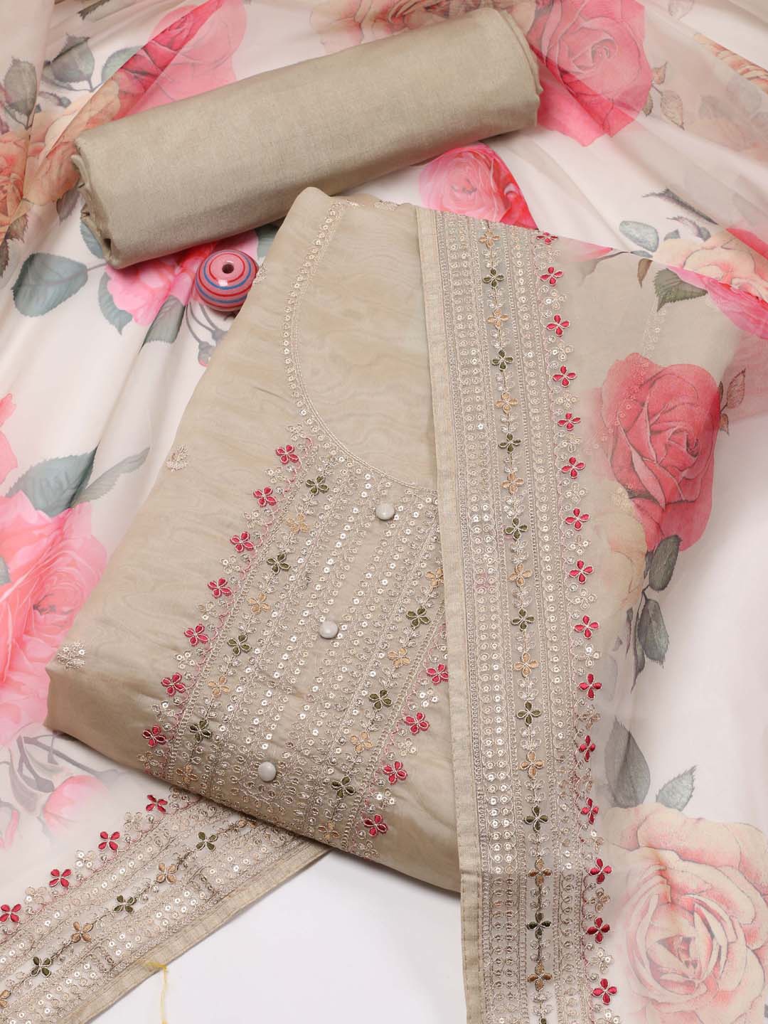 

Meena Bazaar Ethnic Motifs Embroidered Sequinned Unstitched Dress Material, Beige
