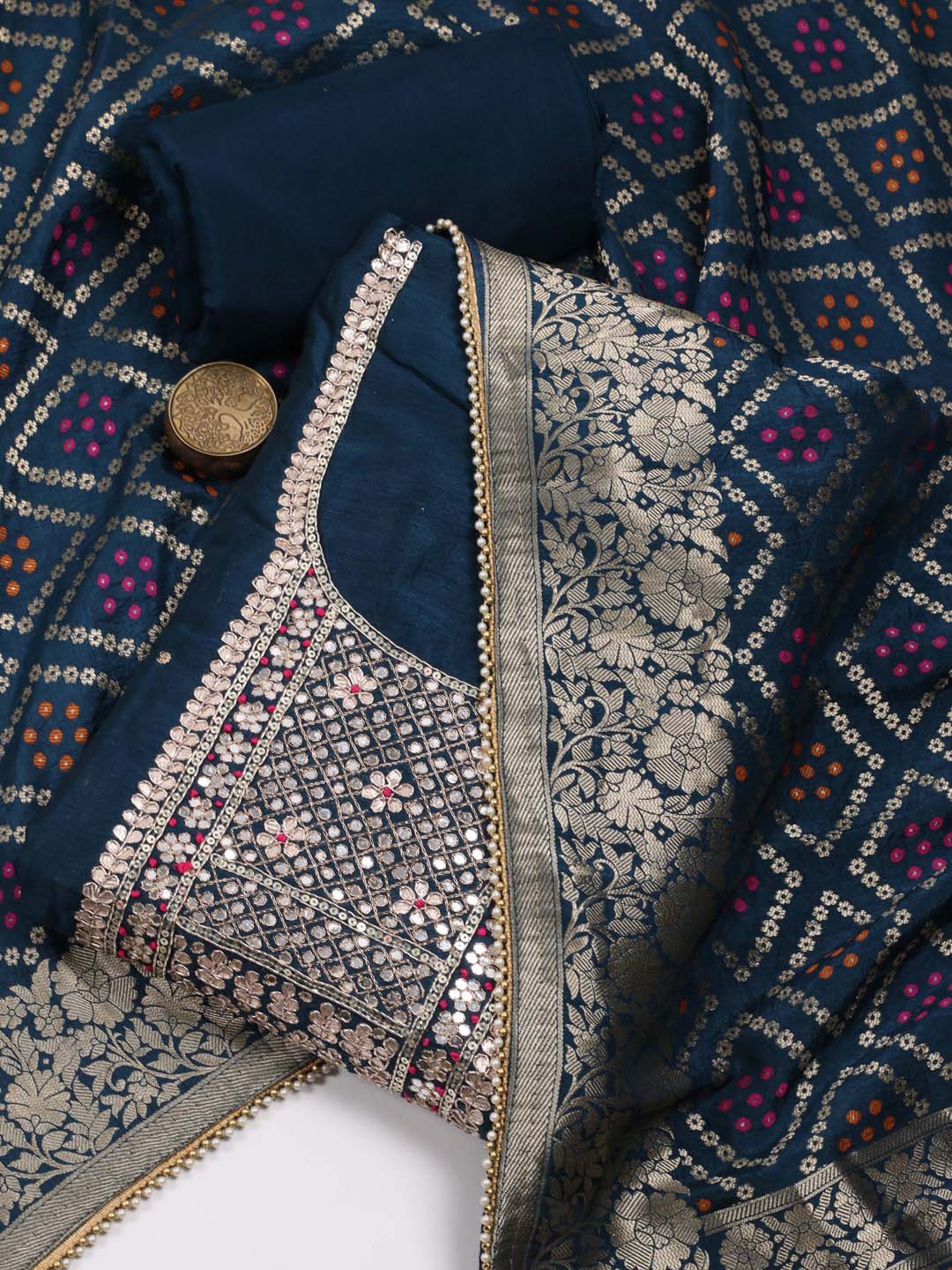 

Meena Bazaar Floral Printed Art Silk Unstitched Dress Material, Navy blue