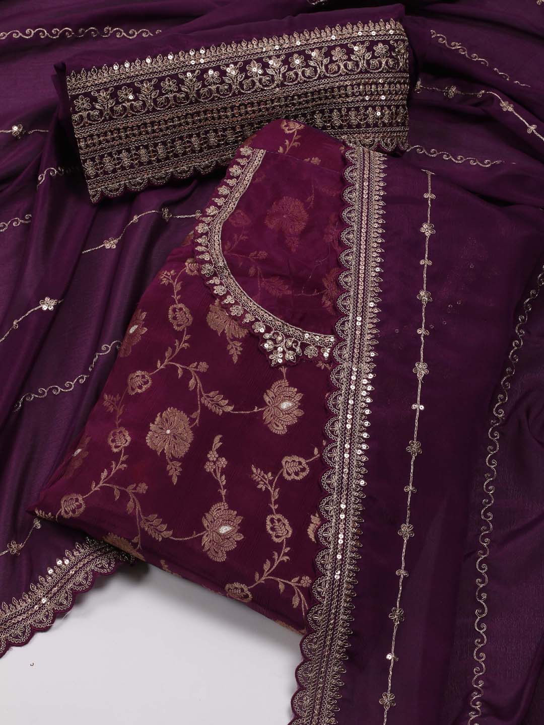 

Meena Bazaar Floral Woven Design Sequinned Unstitched Dress Material, Purple