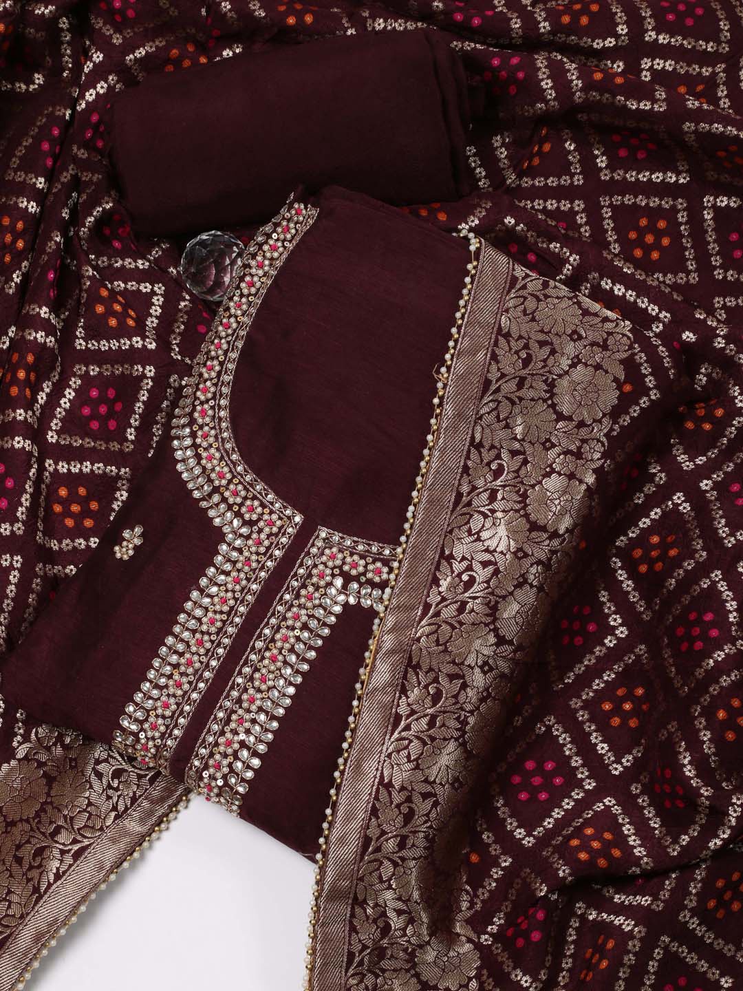 

Meena Bazaar Floral Embroidered Sequinned Unstitched Dress Material, Burgundy