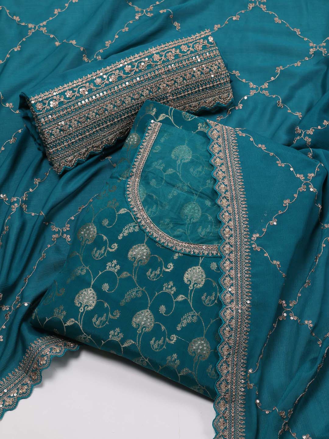 

Meena Bazaar Ethnic Motifs Woven Design Unstitched Dress Material, Teal