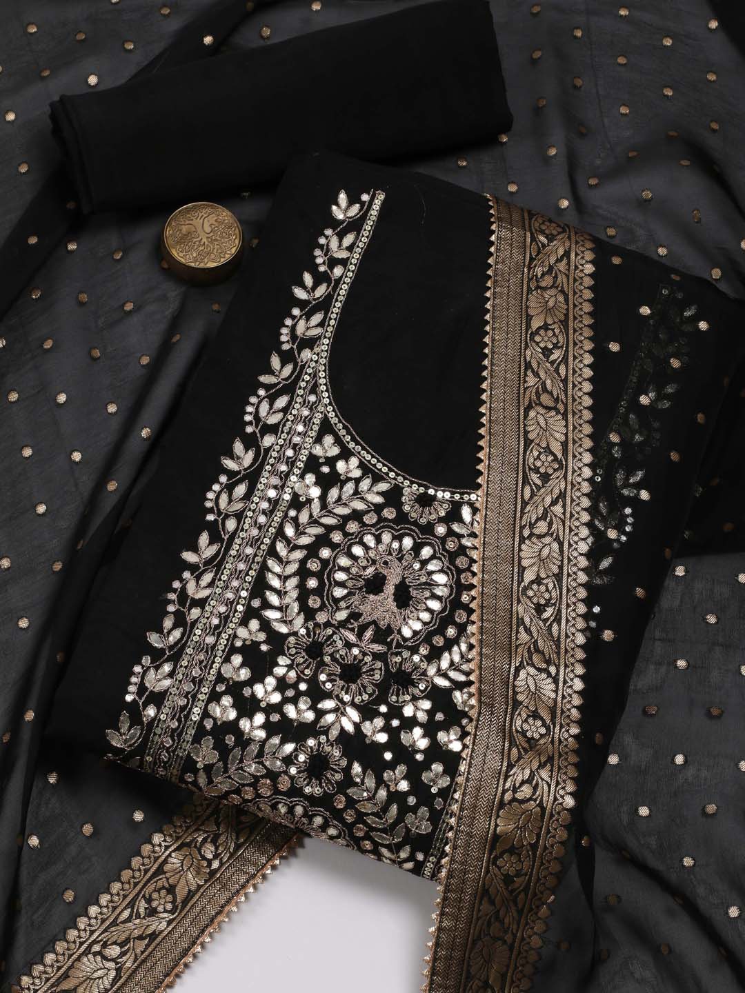 

Meena Bazaar Floral Embroidered Sequinned Unstitched Dress Material, Black