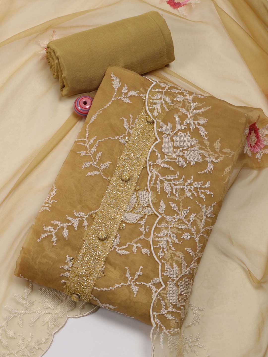 

Meena Bazaar Floral Embroidered Sequinned Unstitched Dress Material, Mustard