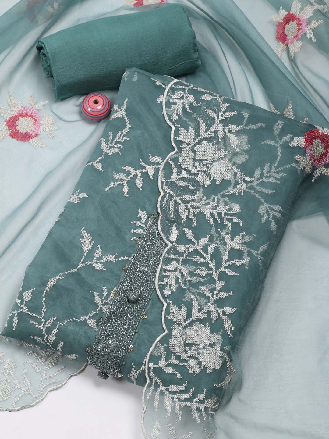 

Meena Bazaar Floral Embroidered Unstitched Dress Material, Teal