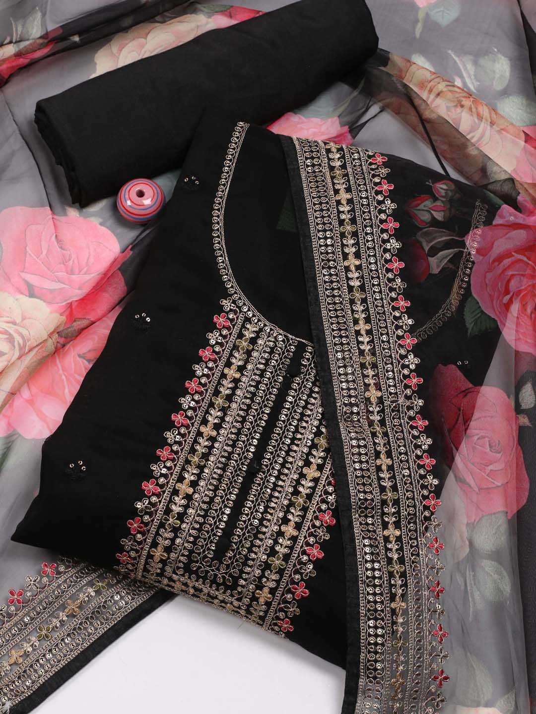 

Meena Bazaar Ethnic Motifs Embroidered Organza Unstitched Dress Material, Black