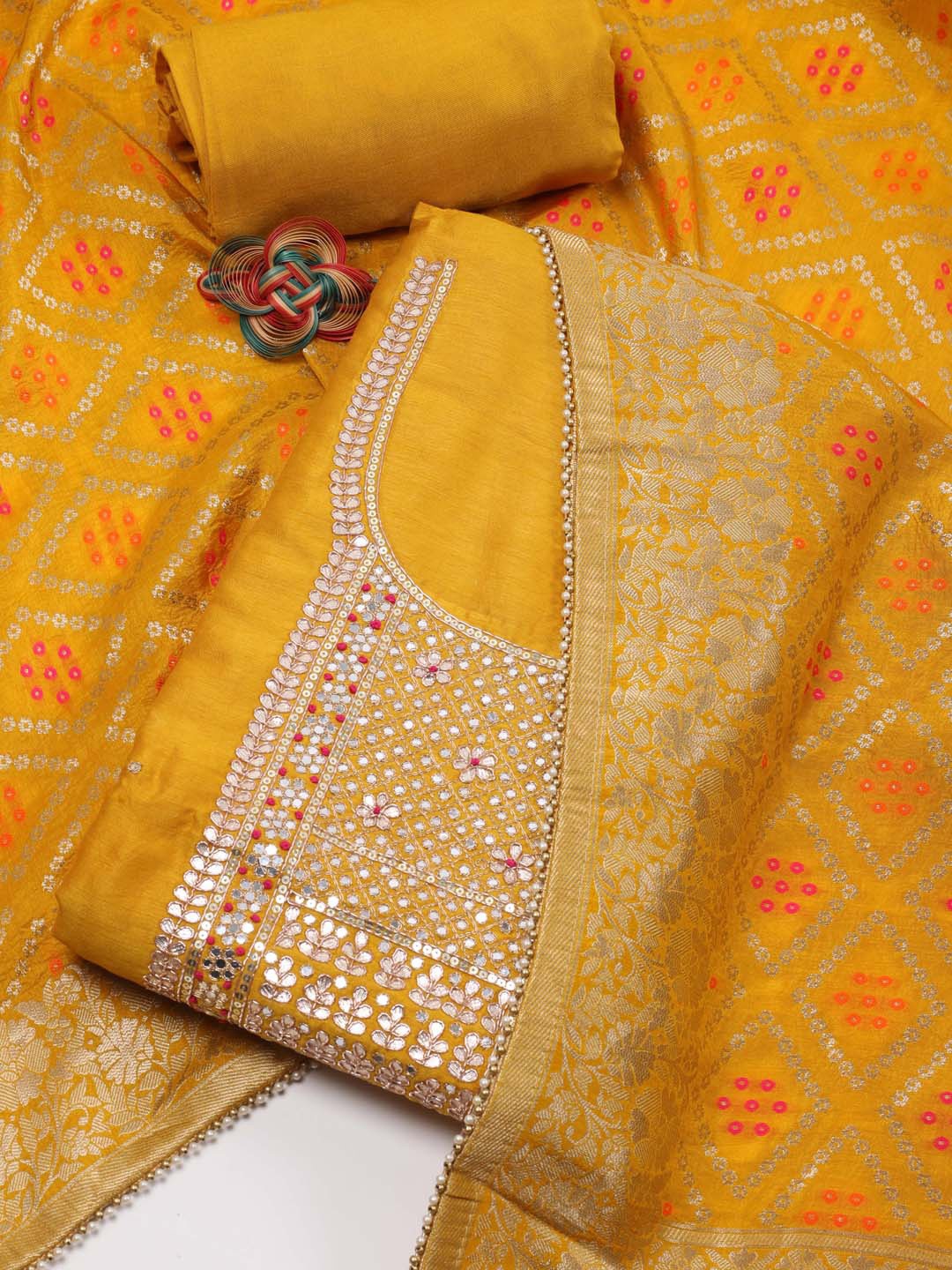 

Meena Bazaar Bandhani Embroidered Mirror Work Unstitched Dress Material, Mustard