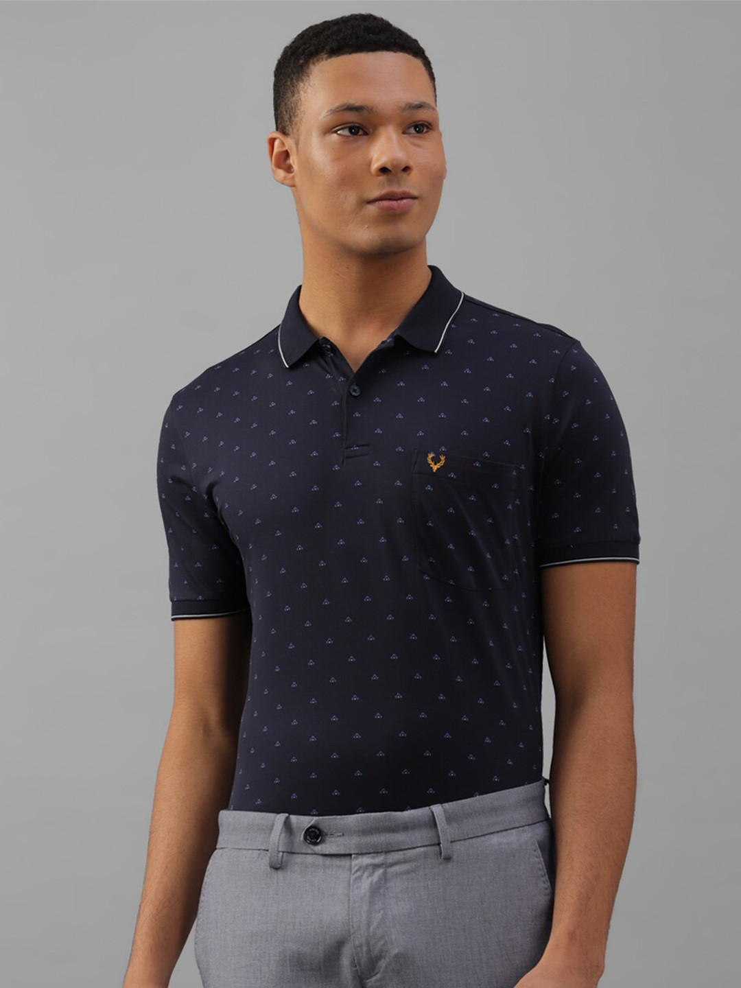 

Allen Solly Micro Ditsy Printed Polo Collar Short Sleeves Pockets Cotton Regular T-shirt, Navy blue