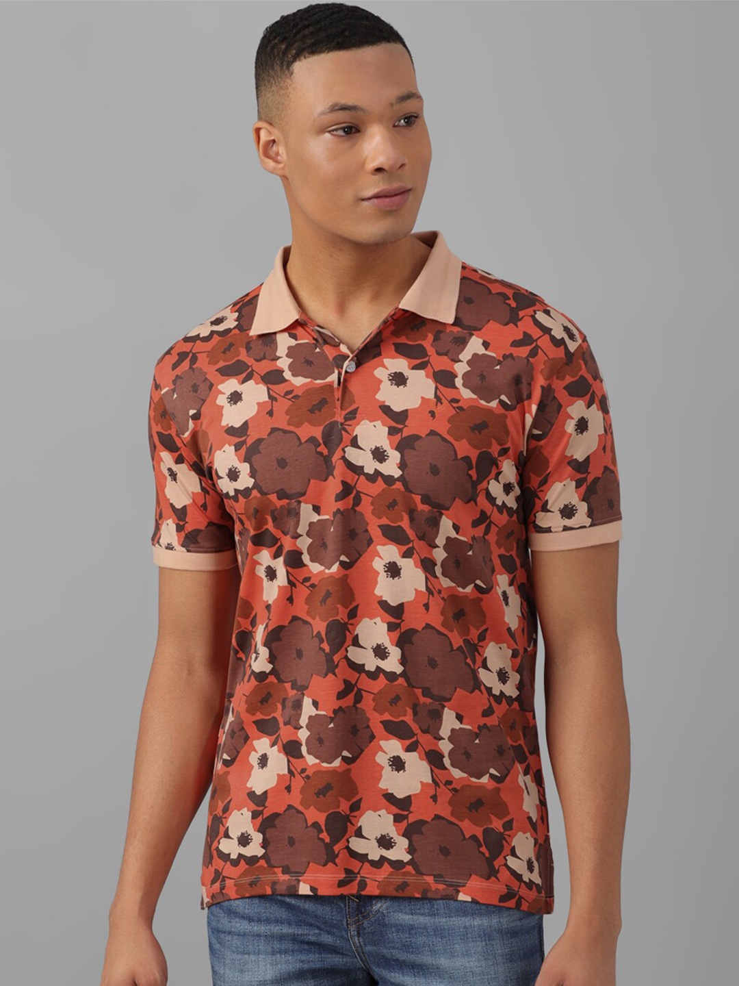 

Allen Solly Floral Printed Polo Collar Short Sleeves Pockets Cotton Regular T-shirt, Orange
