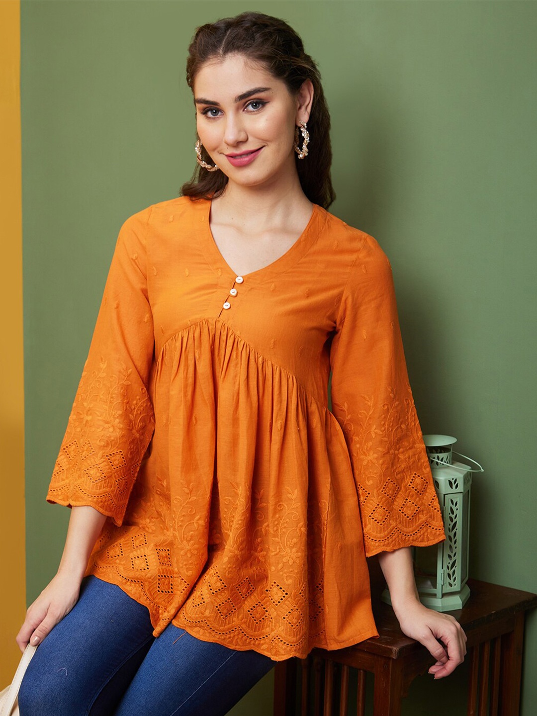 

Globus V-Neck Embroidered Cotton Tunic, Orange