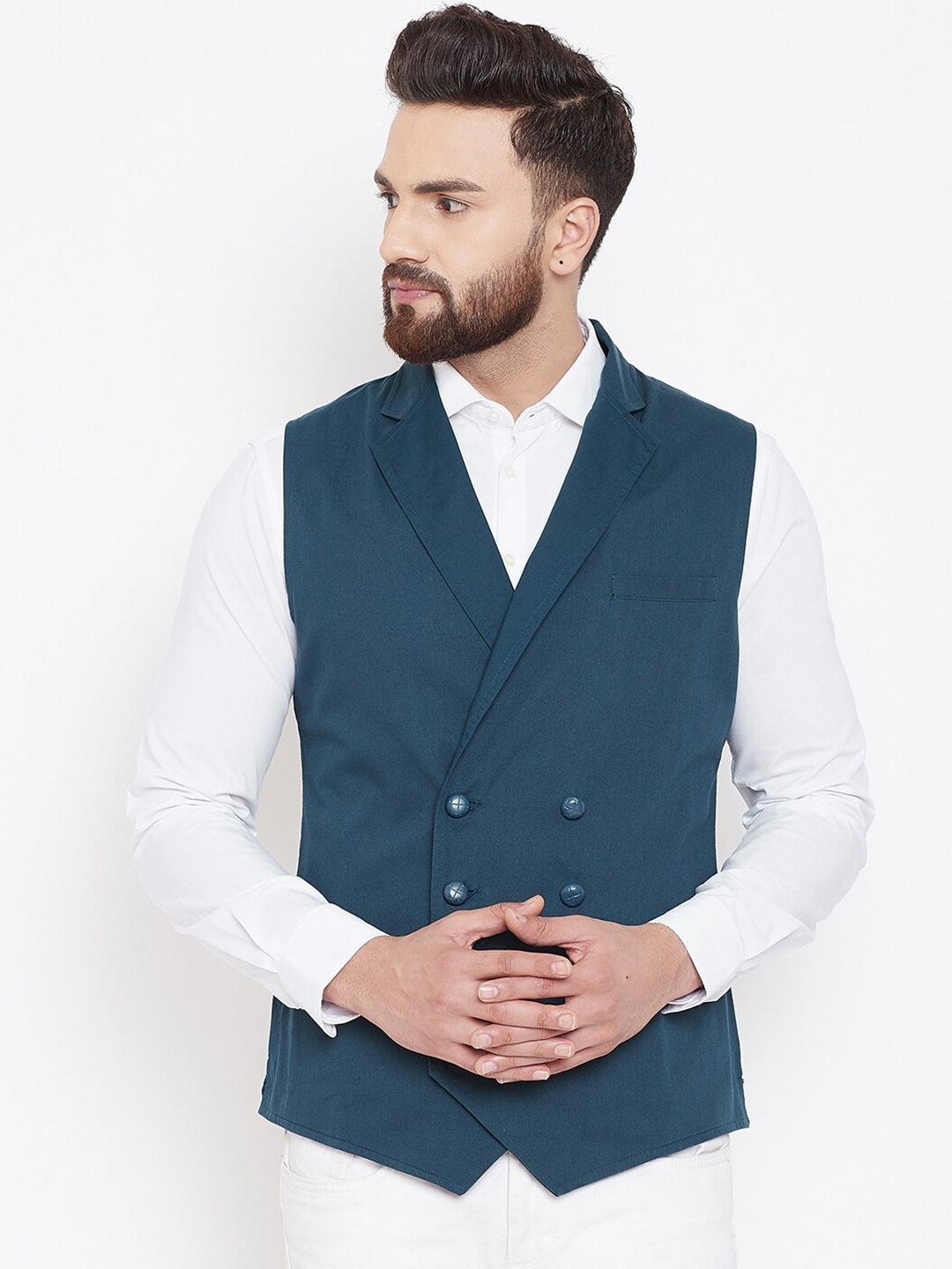 

Hypernation Lapel Colar Pure Cotton Waistcoat, Teal