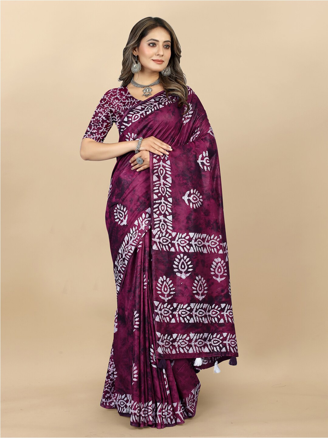 

MOKSHA DESIGNS Batik Printed Pure Cotton Chanderi Saree, Magenta