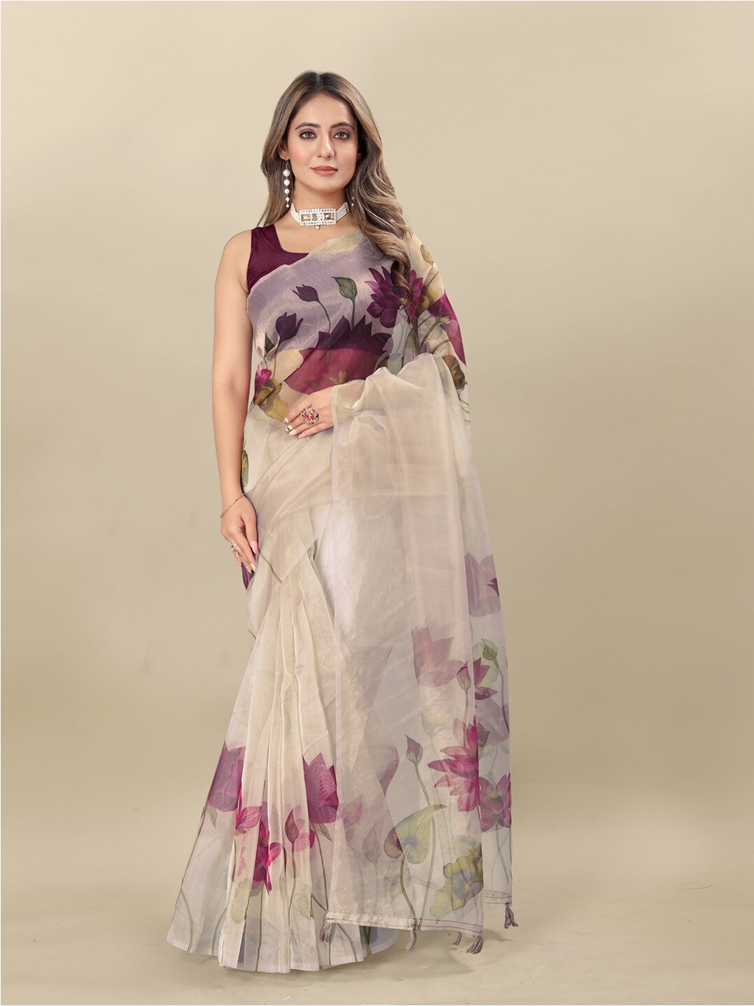 

MOKSHA DESIGNS Floral Printed Organza Saree, Beige