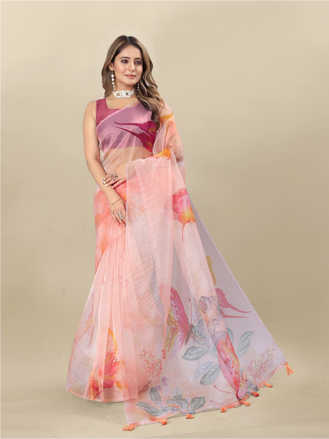 

MOKSHA DESIGNS Floral Organza Saree, Peach