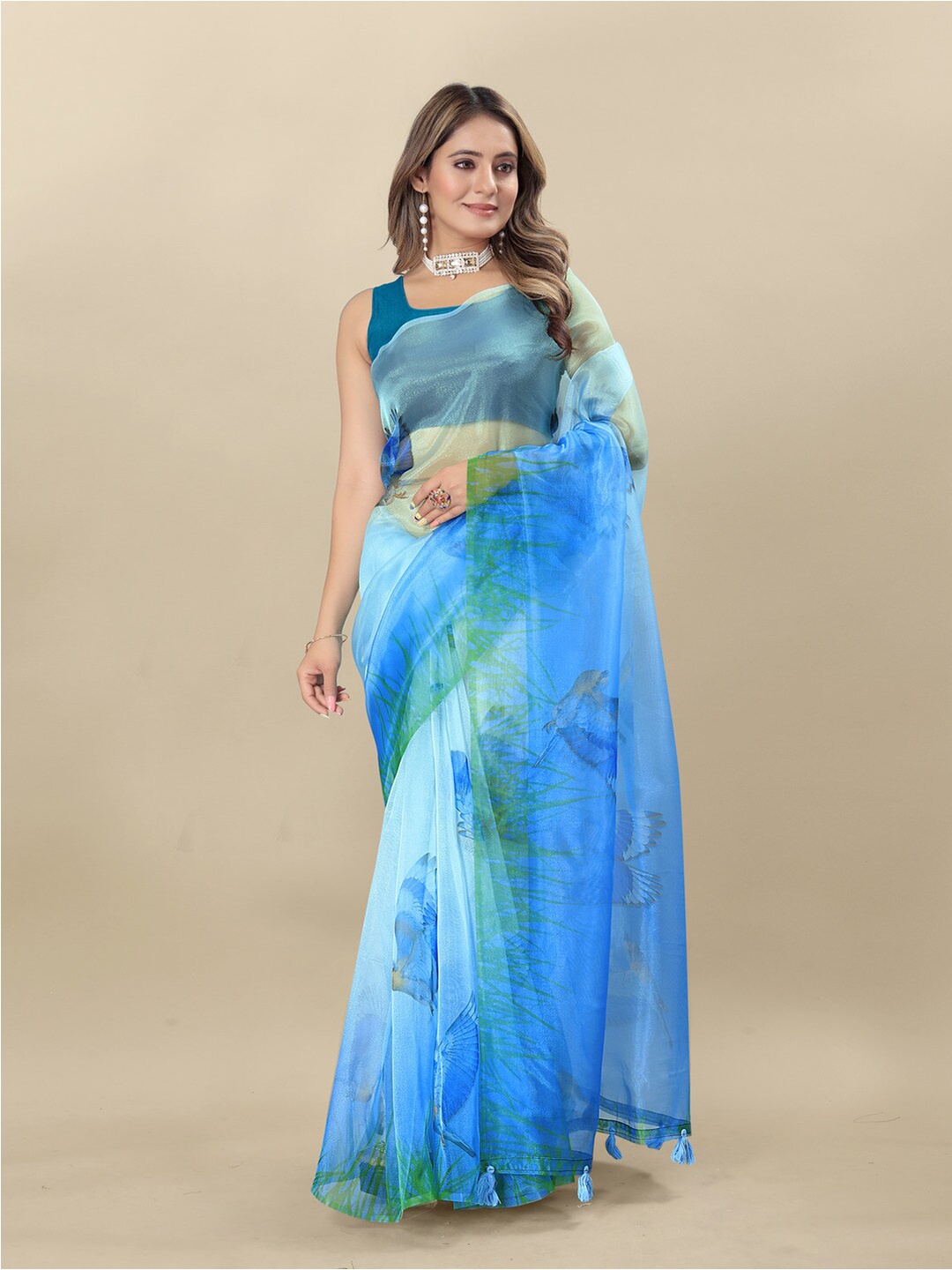 

MOKSHA DESIGNS Floral Print Organza Saree with Tassels, Blue