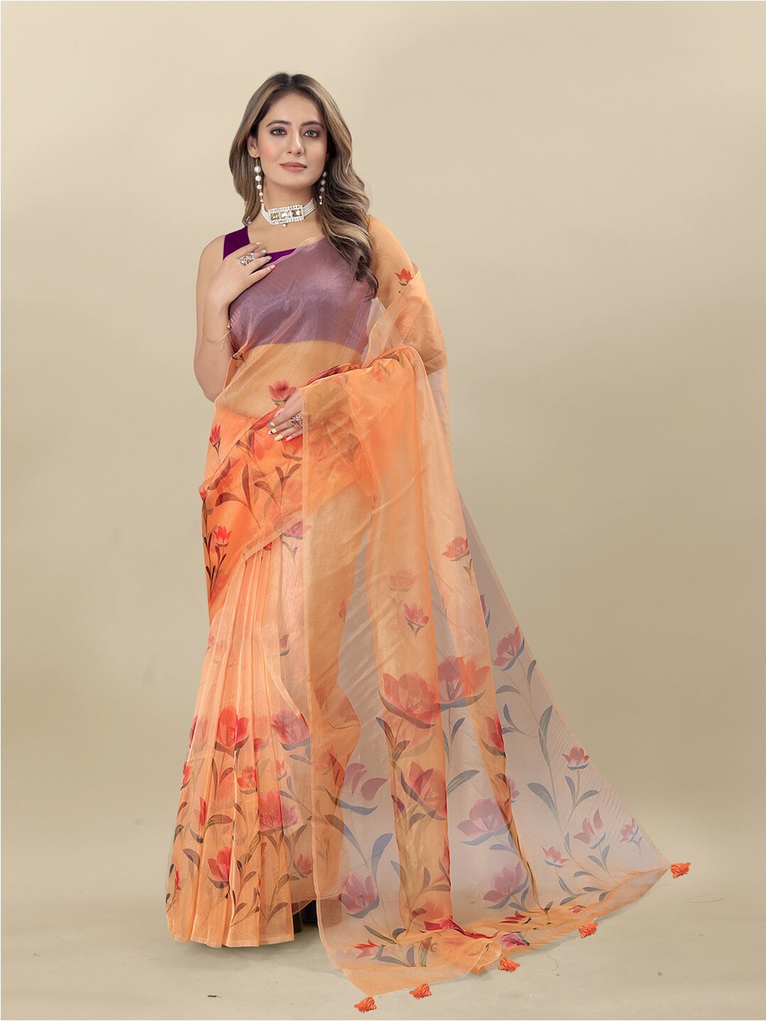 

MOKSHA DESIGNS Floral Organza Saree, Orange