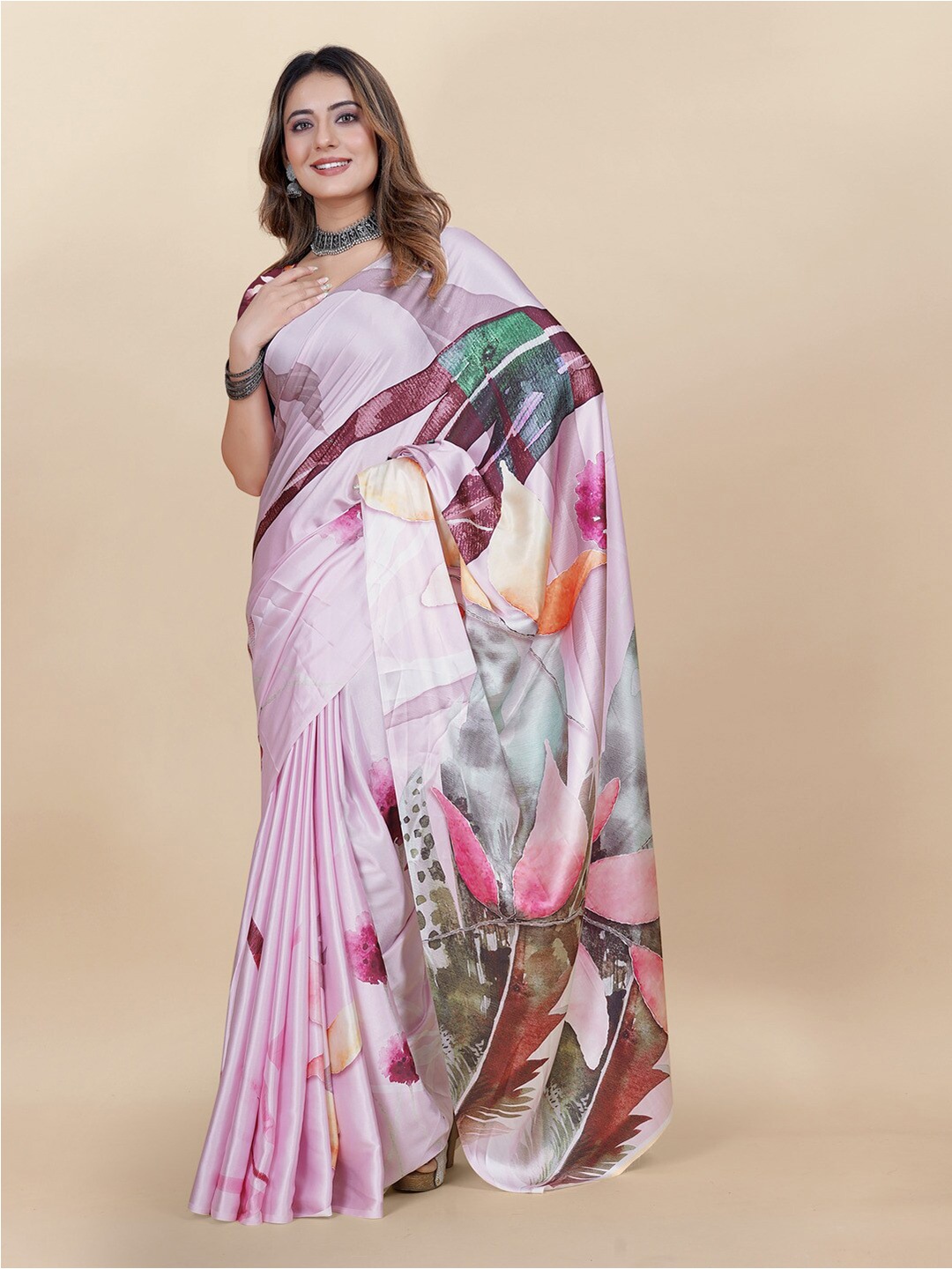 

MOKSHA DESIGNS Floral Printed Satin Saree, Pink