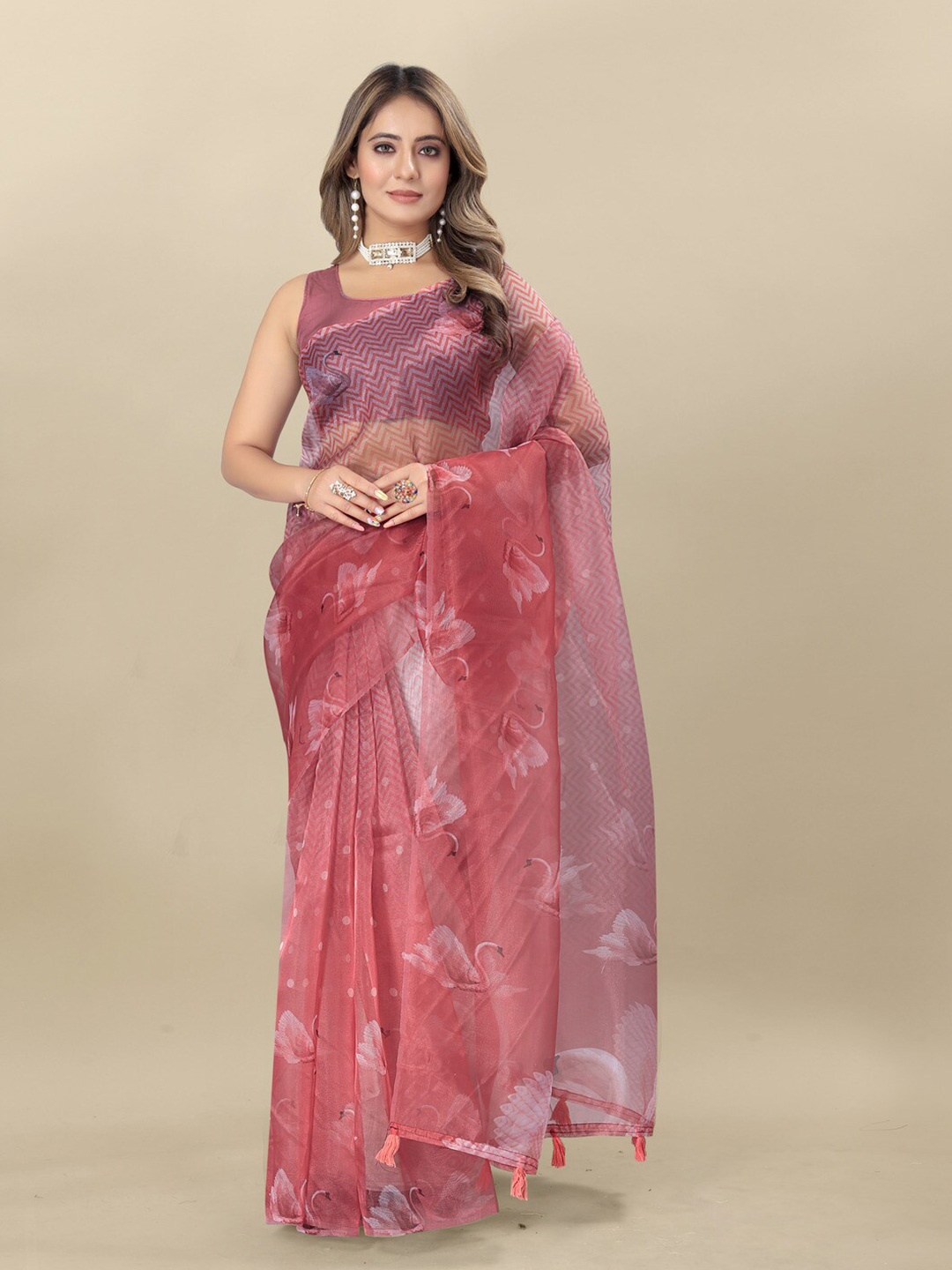 

MOKSHA DESIGNS Swam & Geometric Print Organza Saree with Tassels, Pink