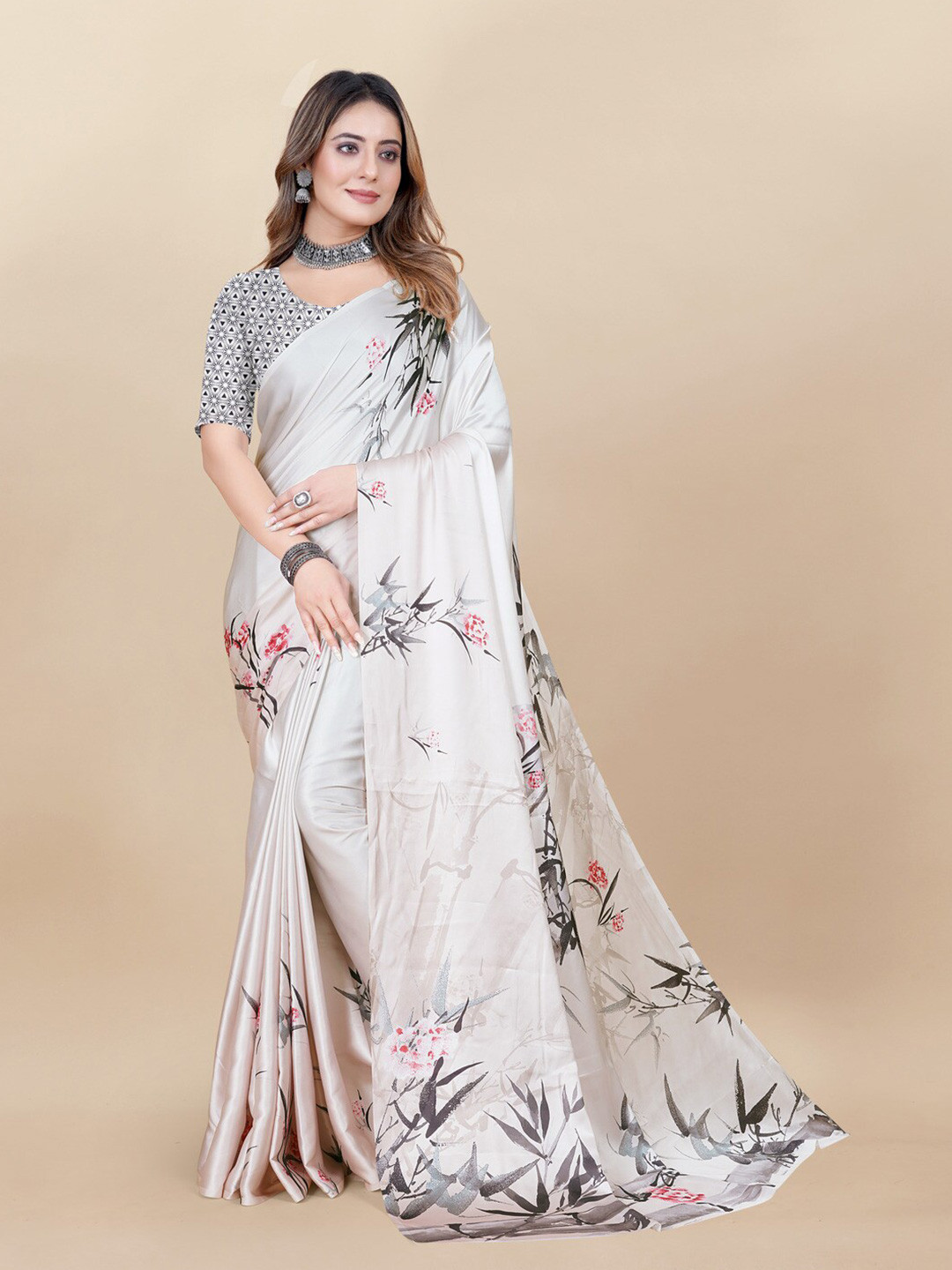 

MOKSHA DESIGNS Floral Print Satin Saree, Cream